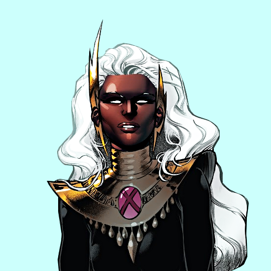an edit of Storm from Marvel Comics on a pale blue background. She's wearing her Hellfire Gala outfit. She's looking forward with a serious expression.