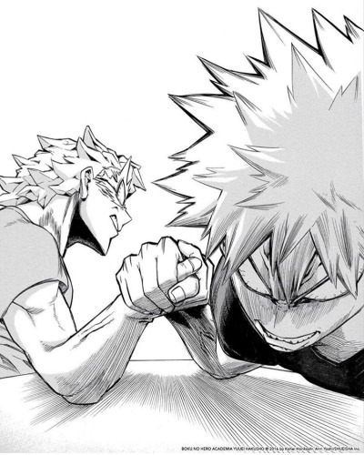 grinatthegrimmestoftimes:Bakugou: “Fuck it, I’m gonna ask Kirishima out.”Tetsutetsu: “Only if you can beat me in arm wrestling.”Bakugou: “The fuck? I’m not gonna arm wrestle you!”Tetsutetsu: “It’ll be super manly; or are you worried