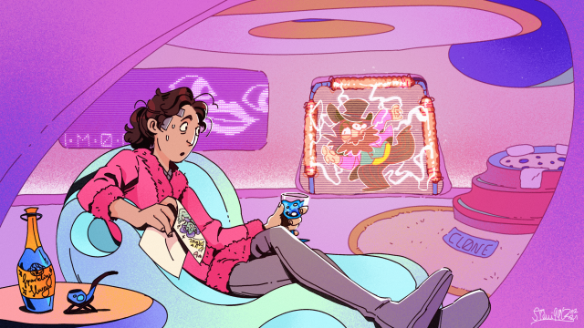 digital art of david-7 and trexel geistman from stellar firma. david is wearing a fluffy pink bathrobe and reclining in an armchair in a retrofuturistic clone suite, with smooth flowing edges and pastel colors and a jacuzzi in the back. they are holding a drawing of bathin in one hand and a wine glass with sparkling blue slurry in the other. an opened bottle of sparkling slurry and a bubble pipe sit on a table next to him. david is looking up to the doorway in surprise, where trexel is being blocked from walking in via electric zaps from the doorframe. i.m.o.g.e.n., represented as a pixellated face made up of eye and lips emoji on a screen, is looking on with a smile.