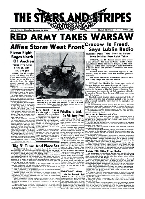 Red Army Takes Warsaw / Allies Storm West FrontThe Stars and Stripes Mediterranean, January 18, 1945