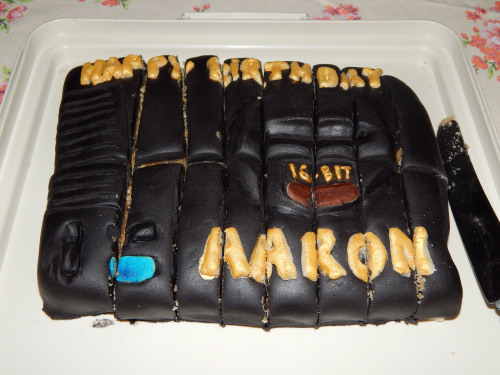 thegagaman:  For my birthday Stacey made me a cake with Intelligent terminal high grade multipurpose use! Oh and a OCTOGAGA card. Yes I cut the cake into 16-BITS. 