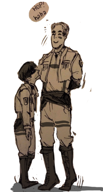 jen-suis:   “ja ci kurwa dam hop”  so mar wanted “LEVI ON HIS TIPTOES TRYING TO SMOOCH ERWIN BUT ERWIN JOKINGLY RAISES ON HIS OWN TIPTOES UPSETTING LEVI ” so um who am i to deny old men yaoi to mar