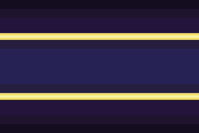 A symmetrical fifteen stripe flag. The the first through third pairs are an gradient from very dark purple to dark purple. The fourth pair is yellow, the fifth is light yellow, and the sixth is yellow. The seventh stripe is desaturated dark purple, and the middle stripe is dark indigo. The yellow and light yellow stripes are very thin. The third pair is slightly thicker. The middle stripe is very thick.