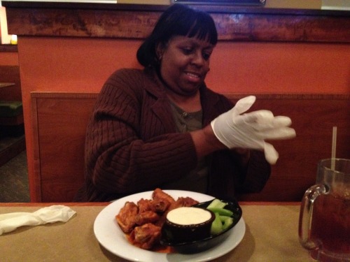 rainbowraconteur:  That time my mom made the waitress give her a pair of gloves to eat her wings so she wouldn’t mess up her nails. 