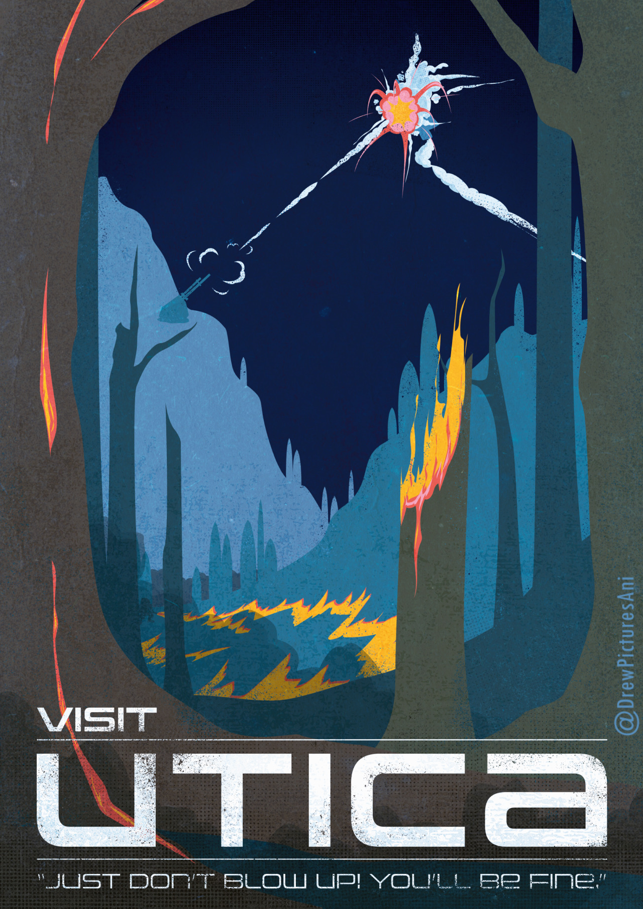 a vintage-inspired travel post depicting a wooded, mountainous area. The trees in the fore- and mid-ground are burning, with fire and smoke spreading across the ground. In the distance, an anti-aircraft gun blasts a plane out of the sky, resulting in a bright explosion. The tagline at the bottom of the poster reads "Visit Utica: "Just don't blow up! You'll be fine."