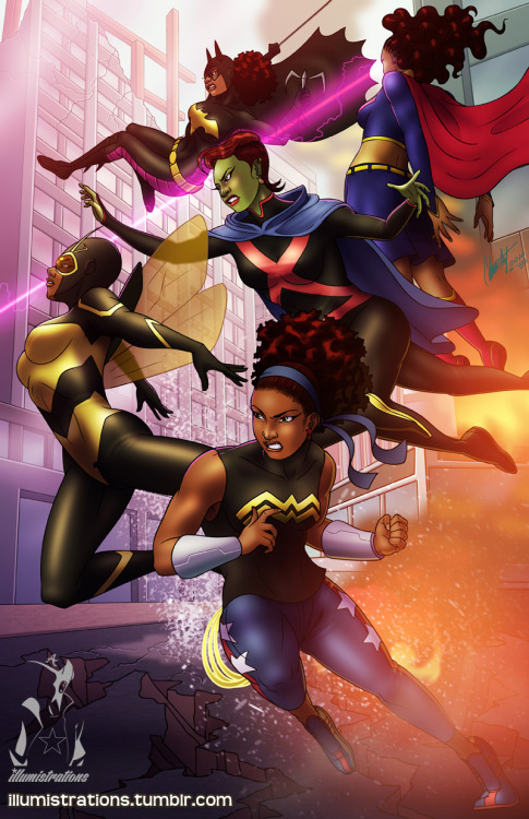 gailsimone: illumistrations:  Young Justice, original artwork. (Wondergirl, Bumblebee, Miss Martian,