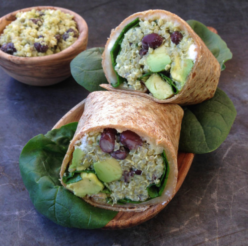 jassminekay:  Lunch Idea: Quinoa Wrap 1 cup of dry quinoa (will be extra) 2 cups filtered water 1 15-ounce can of black beans, drained (will be extra) 1 ripe avocado Spinach leaves Monterey jack cheese to taste feta cheese to taste large (9-inch) multi-gr