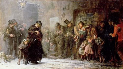 A crowd of poor people waiting in the snow, hoping to be let into a homeless shelter. East London,18