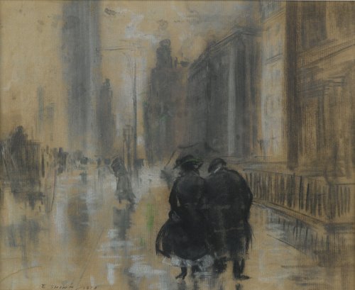 Always fascinated by the urban spectacle, ‪Everett Shinn‬ captured the misty atmosphere of a rainy d