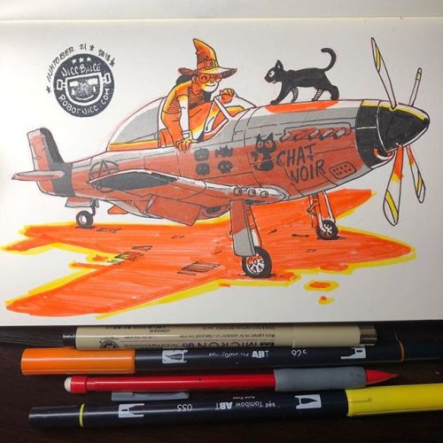 Inktober 21! Witch on a P-51 Mustang. #witch #aircraft #cat #inktober