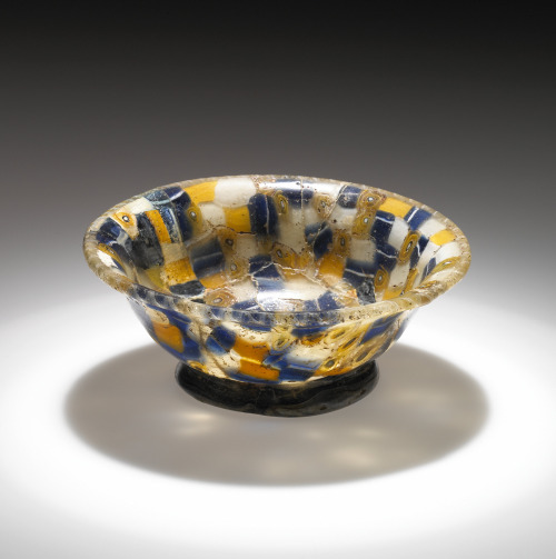 Mosaic Bowl (Patella Cup)Glass cup with blue, white, and yellow canes, Eastern Mediterranean, 1st ce