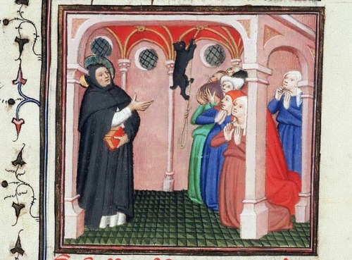 Saint Dominic expelling a demonic cat Vincent of Beauvais, Le Miroir Historial (French translat