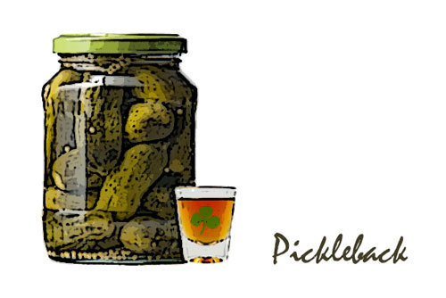 Pickleback drink ingredients pickle juice plus shot of whiskey.