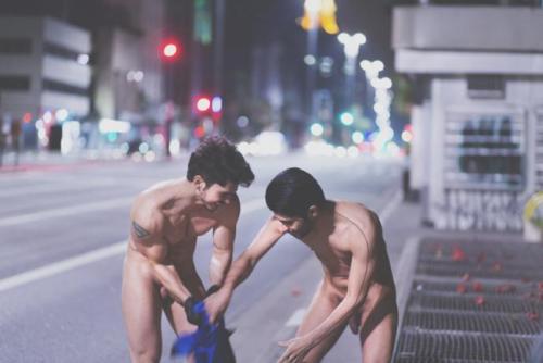 nakeddamienboy:  Brazilian Gay Couple Strips Naked To Protest Homophobia Some sign a Change.org petition or send a Tweet to protest homophobia, some strip fully nude in the middle of one of the largest cities in the world. Real life couple Felippe and