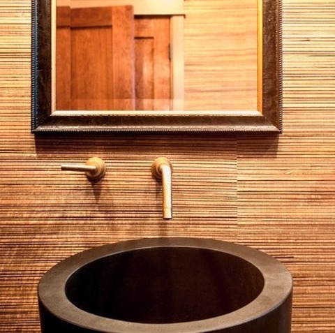 3/4 Bath In DenverExample Of A Mid-sized Minimalist 3/4 Black Tile, Matchstick Tile, Light Wood Floor,