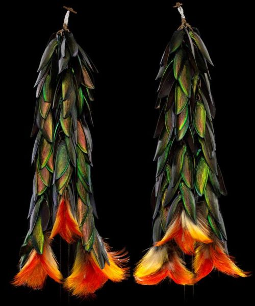 Ear ornaments ~ Shuar akitiai. Beetlewing covers, toucan feathers, plant fibers, glass beads,ca. 193