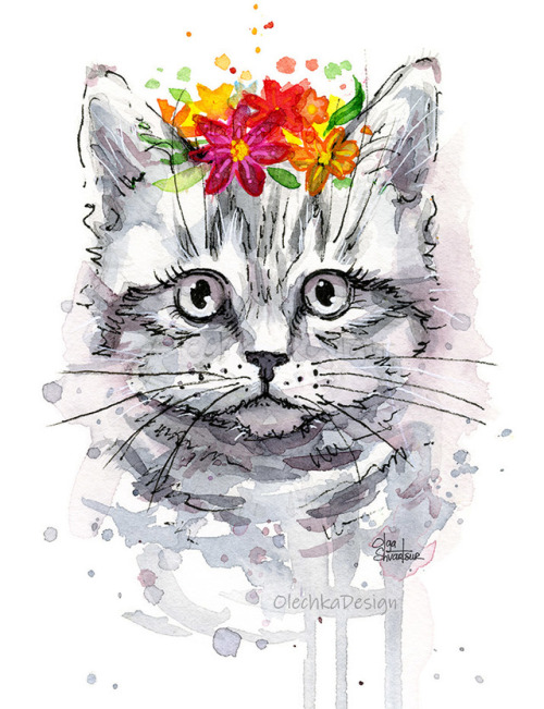 Cat With Flowers, watercolor by Olga Shvartsur.