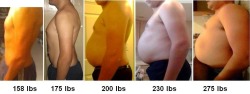 chubbysailor:  largeandincharge90:  I created a new gaining timeline that I feel accurately depicts my major milestones through the gaining process. From pic 1 to 2 (+17 lbs gained), is when my body first started to get pudgy. You can clearly see how