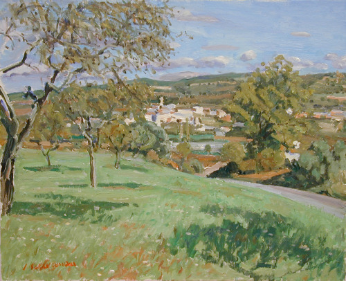 huariqueje:Paisatge amb Poble , Town Landscape  -   Josep serra LlimonaCatalan b.1927-Oil on canvas,