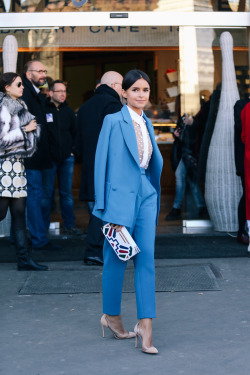 topshop:  Chic accessories and a sheer blouse give suiting a feminine spin.  