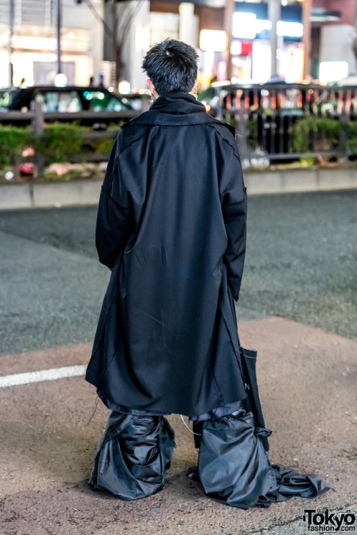 tokyo-fashion:Japanese high school student Kanji on the street in Harajuku wearing a dark avant-garde look with handmade items, Comme des Garcons Homme Plus, Y-3, LAD Musician, Dog Harajuku, and Sulvam. Full Look