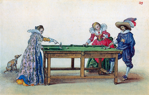 “A game of billiards” and “Two women playing shuttlecock” by Adriaen van de 