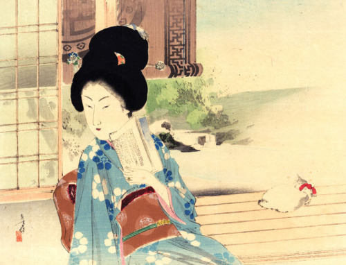 Mizuno Toshikata (1866-1908) 水野年方Beauty by Bamboo Screen  簾影美人、1897