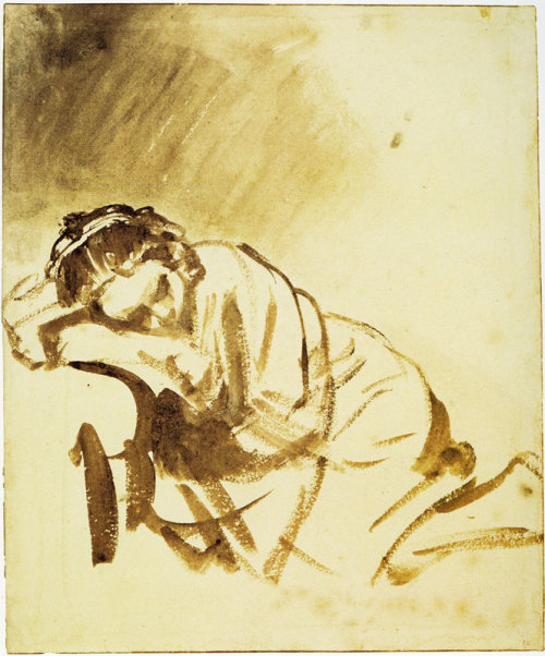 Rembrandt - A Young Woman Sleepingc. 1654Brush and brown wash, some white mixed into some parts of t