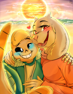 chrisnpics:Phew finally it’s done!! Here is a selfie Sans took with Toriel and all the lovely platoon, there is a reason why the sunset,cause it’s warm, beautiful, safe, and it’s there for all souls in need. and there . “Undyne those sands are