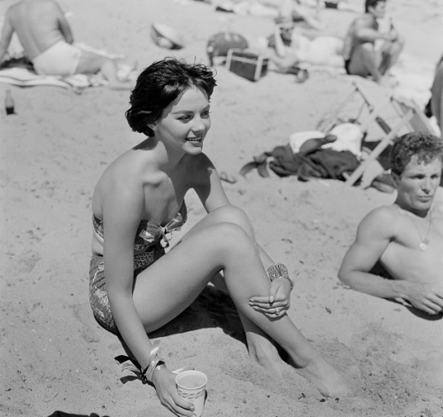 woodnnatalie:Natalie sits on the beach during the Thalians Beach Ball, 1956.(source)