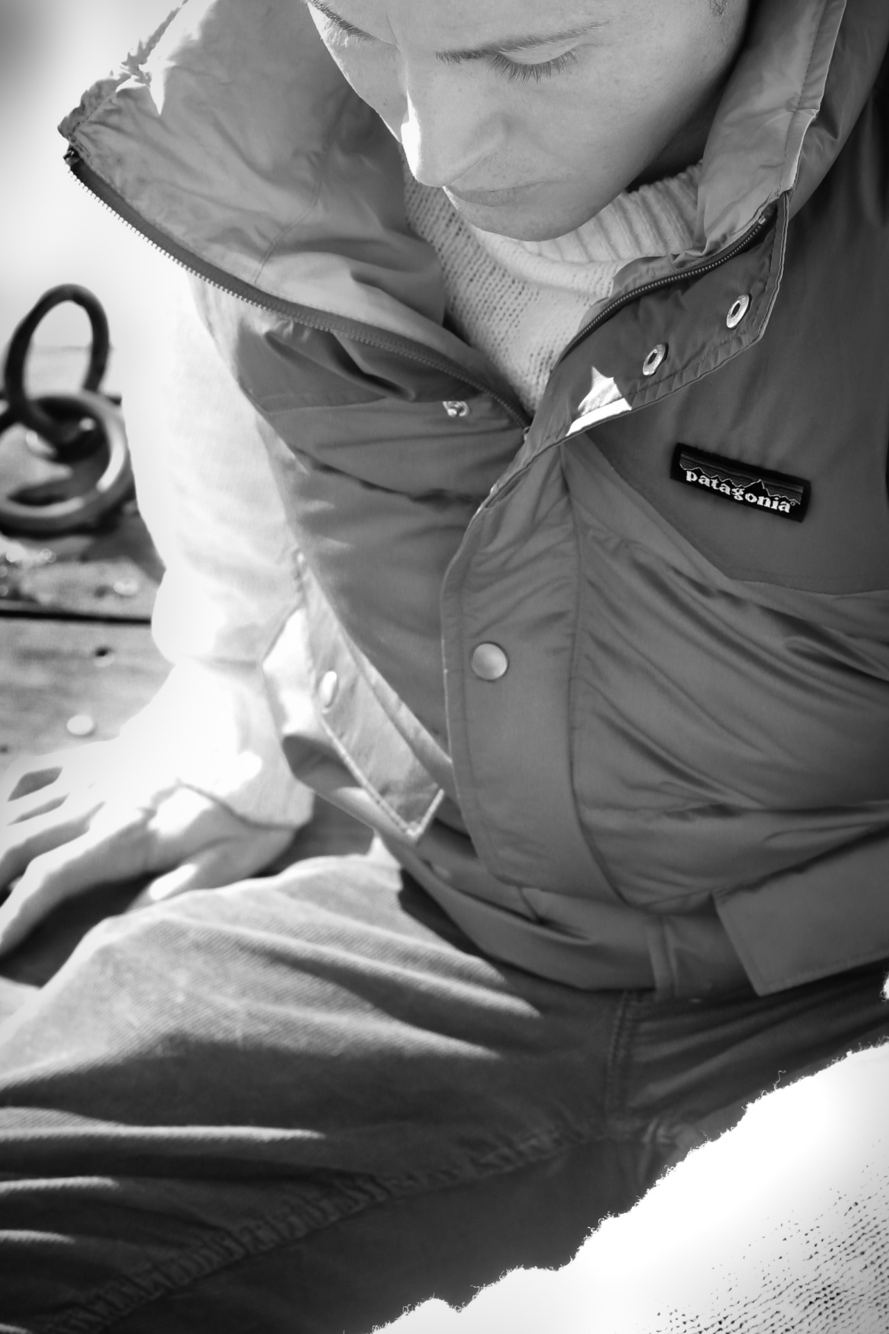 One of our favorite sailing vests by Patagonia. Shane, pre-sail preparation dockside on a cool New England morning. Eddie Bauer sweater, L.L. Bean pants. -Yachtys