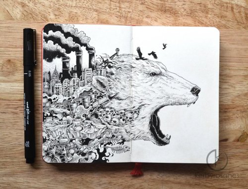 escapekit:  Moleskine Doodles Philippines-based illustrator Kerby Rosanes doodles away in Moleskein notebooks and the results are amazing.  After a number of art and design blogs picked up the story last year, his career took off, and the self-taught