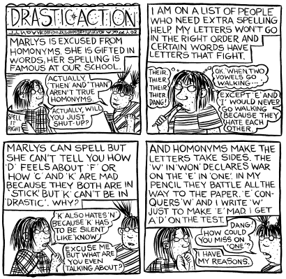 you-get-proud-by-practicing:Drastic Action by Lynda BarryMarlys is excused from homonyms. She is gif