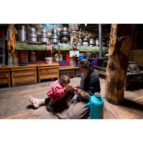 A mother gently tips a cup for her young son to drink fresh, warm, yaks milk after a long day of tre