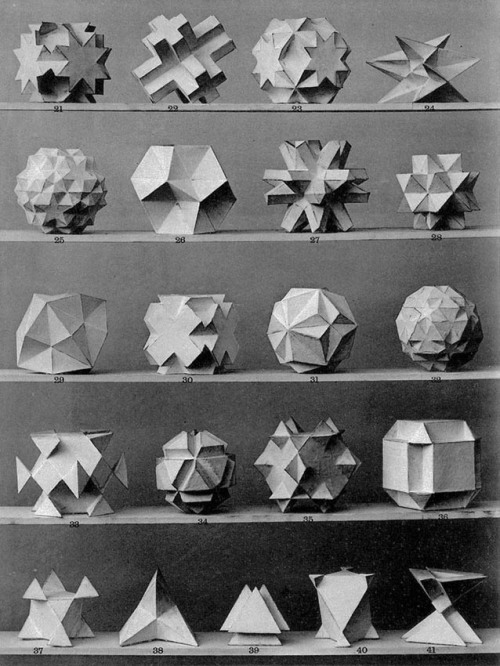 homo-online:  Max Brückner, from his book Vielecke und Vielfläche, 1900. Leipzig, Germany. Via Bulatov. Brückner extended the stellation theory beyond regular forms, and identified ten stellations of the icosahedron, including the complete stellation.