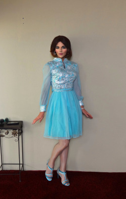 onlymonica:  This is a pretty rare vintage party dress from the 1960s, featured in an old Aldens catalog I saw.   Was really lucky to score this in my size on Ebay a while ago.  Floaty chiffon sleeves and a silver lace bodice leading to a nice, billowy