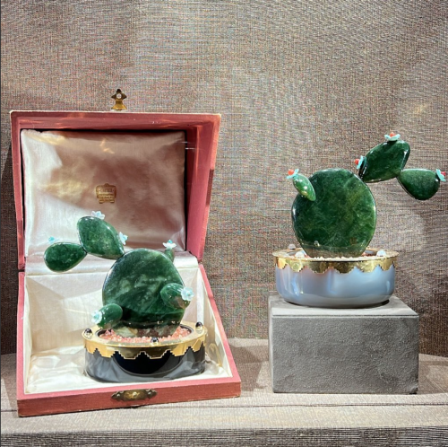 Cartier Cacti, 1925. Siberian nephrite jade set with black onyx and gray agate filled with orange av