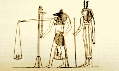 Anubis weighs a heart for its purity against Maat&rsquo;s feather in the underworld.