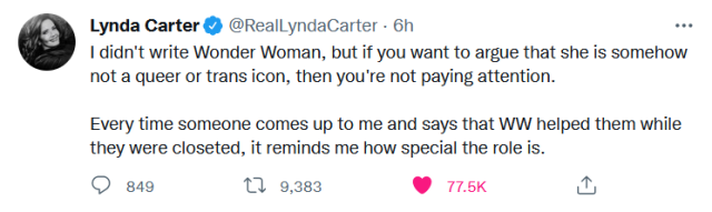 Tweet from @RealLyndaCarter dated June 1, 2022. Text reads: "I didn't write Wonder Woman, but if you want to argue that she is somehow not a queer or trans icon, then you're not paying attention. Every time someone comes up to me and says that WW helped them while they were closeted, it reminds me how special the role is."
