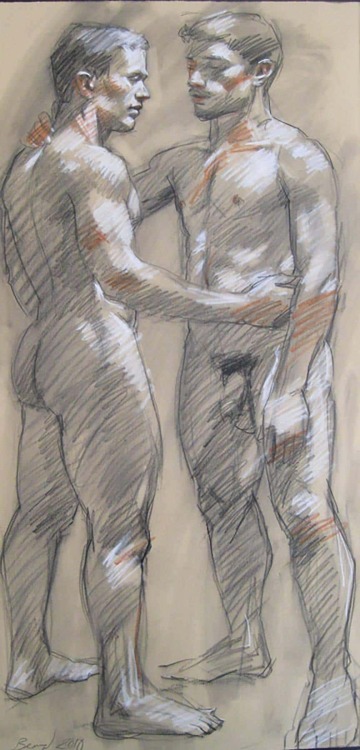 ex-frat-man:    Mark Beard (1956, American)    Figurative drawing of two male nudes made with graphite, charcoal, and conte crayon on Arches paper, 2010.30 x 14 inches, unframed  