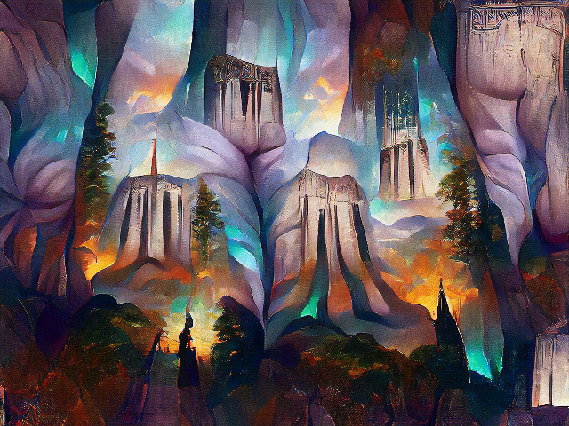 It does kind of look like several Devil’s Tower mesas, interspersed with redwood trees. There are strange stony creases in the sky that do look kind of like butts.