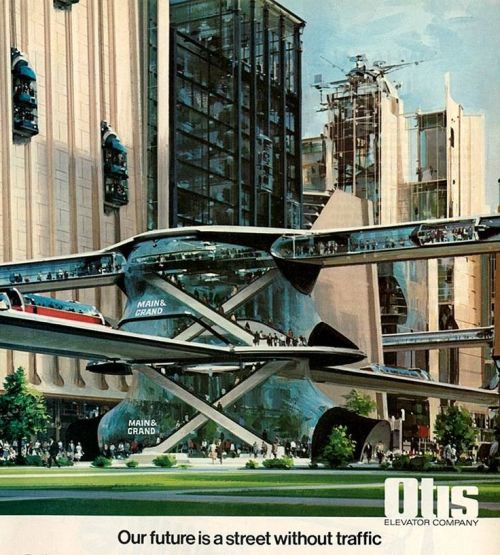 jeroenapers:  De toekomstvisioenen van liftfabrikant Otis middels deze reclametekeningen van John Berkey uit 1975. 