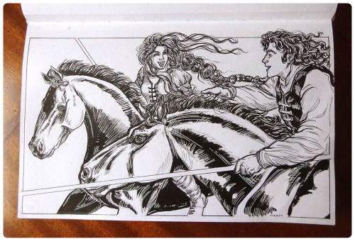 natilano:More from the sketchbook, Aredhel been reckless enjoying a ride with Celegorm.The sons of F