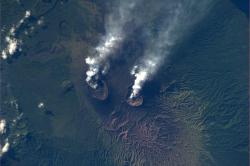 canadian-space-agency:  NASA Astronaut Mike Hopkins aboard the ISS: “Not every day you get to see an active volcano, let alone 2. Vanuatu islands near the Solomons in the Pacific.” Photo Credit: Mike Hopkins/NASA 