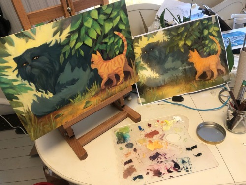 Photo of my kitchen table with the oil painting on an easel, and a print of the digital version next to it. The colors between the two are pretty spot on.