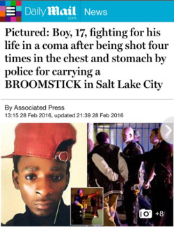 4mysquad:  im-a-deceptikhan:  lagonegirl:  sumchckn:  4mysquad:    Salt Lake City police shooting victim identified as 17-year-old Adbi Mohamed #BLACKLIVESMATTER  A teenage boy has allegedly been shot by police while holding a broomstick in Salt Lake