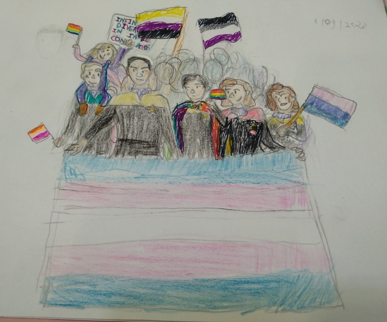 a drawing made with colored pencils and markers. In it, characters from the TV show Star Trek: Voyager are standing behind a big trans pride flag carried by Tuvok and Janeway, who has a lesbian pin. Between them stands Harry Kim waving a small rainbow flag, with another tied around his shoulders like a cape. To Janeway’s right stands B’elanna holding a medium sized bisexual pride flag. To Tuvok’s left stands Seven,  in a uniform, holding a lesbian flag. Namoi Wildman is sitting on her shoulders and raising a small rainbow flag. There is a crowd behind these chracters, raising nonbinary and asexual pride flags as well as a sign that reads “Infinite diversity in infinite combinations.“