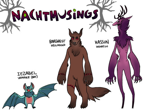 nachtmusings: Character designs for the three main characters, Iezabel, Barghest, and Hassun. Art fo