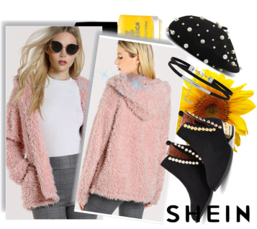 // SHEIN // 3/I by lightstyle featuring a beret hat ❤ liked on PolyvoreFuzzy coat, 270 CNY / Fuzzy c