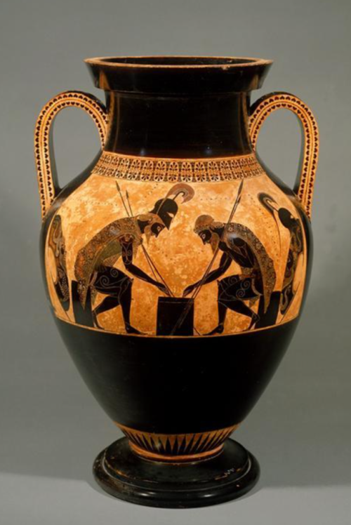 Amphora by Exekias, Achilles and Ajax playing dice, Attic black-figure, ca. 540-530 BCE